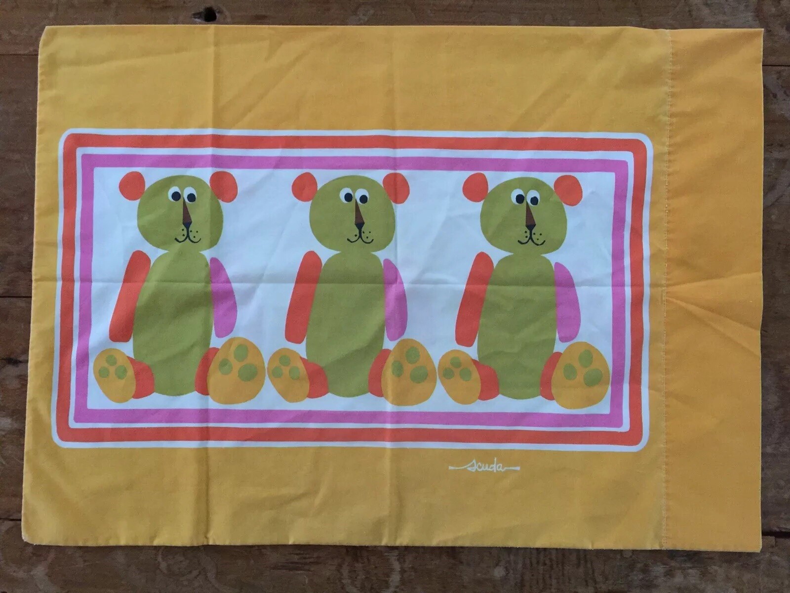 Vintage Scuda mid century teddy bear print kids pillowcase fabric sham standard