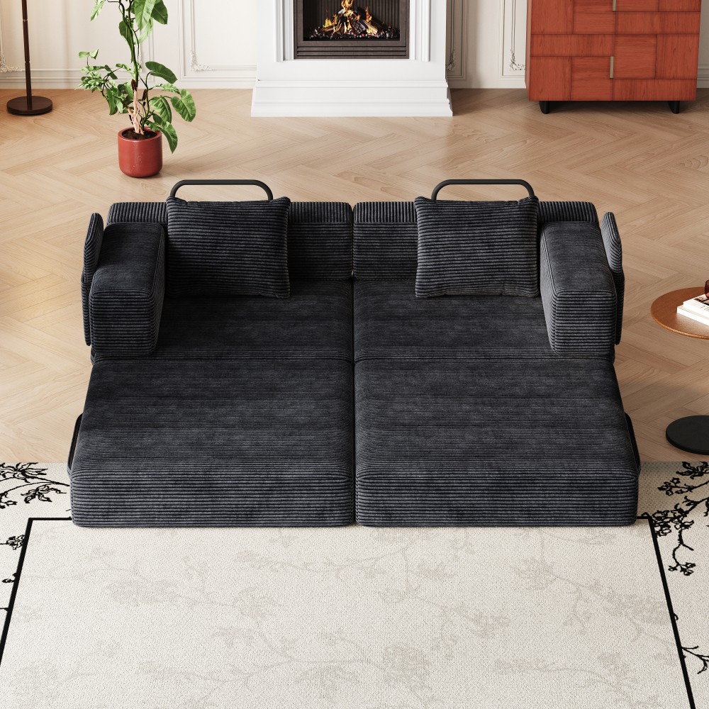 72" Convertible Sofa Bed w/ Storage Pockets & Cushions, Corduroy Fabric