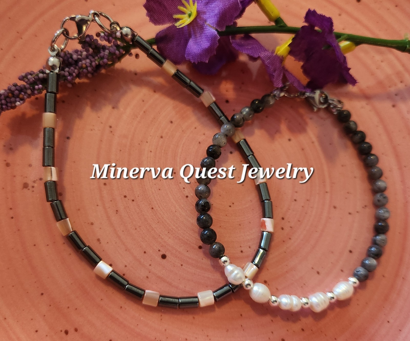 Handmade Artisan Cylinder Hematite And Shell Bracelet. #2619
