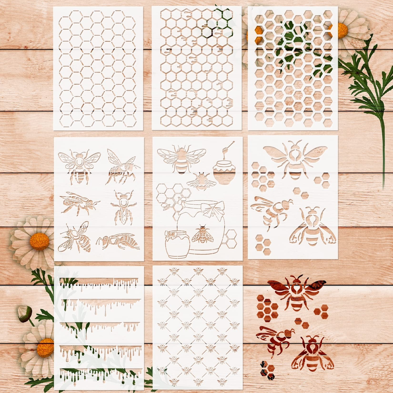 8 Pcs Bee Stencils for Painting, Honeycomb Hexagon Drawing Template Honey Com...