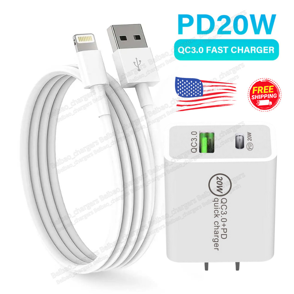 For iPhone 13 12 11 Pro Max XR SE 20W PD+QC Fast Charger Power Adapter USB Cable