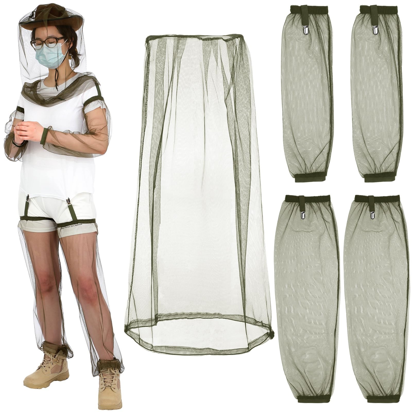 5Pcs anti Mosquito Netting Suit, Mosquito XL Head Hat with Mesh Net, Arm and Leg