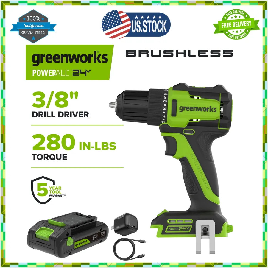 Greenworks 24V Brushless 3/8 Inch Drill Driver with USB-C Battery PowerAll