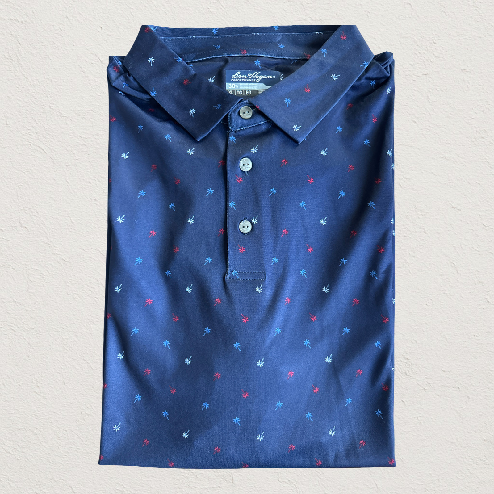 Ben Hogan Performance Polo 2XL Navy W Palm Trees 3 Button Polo