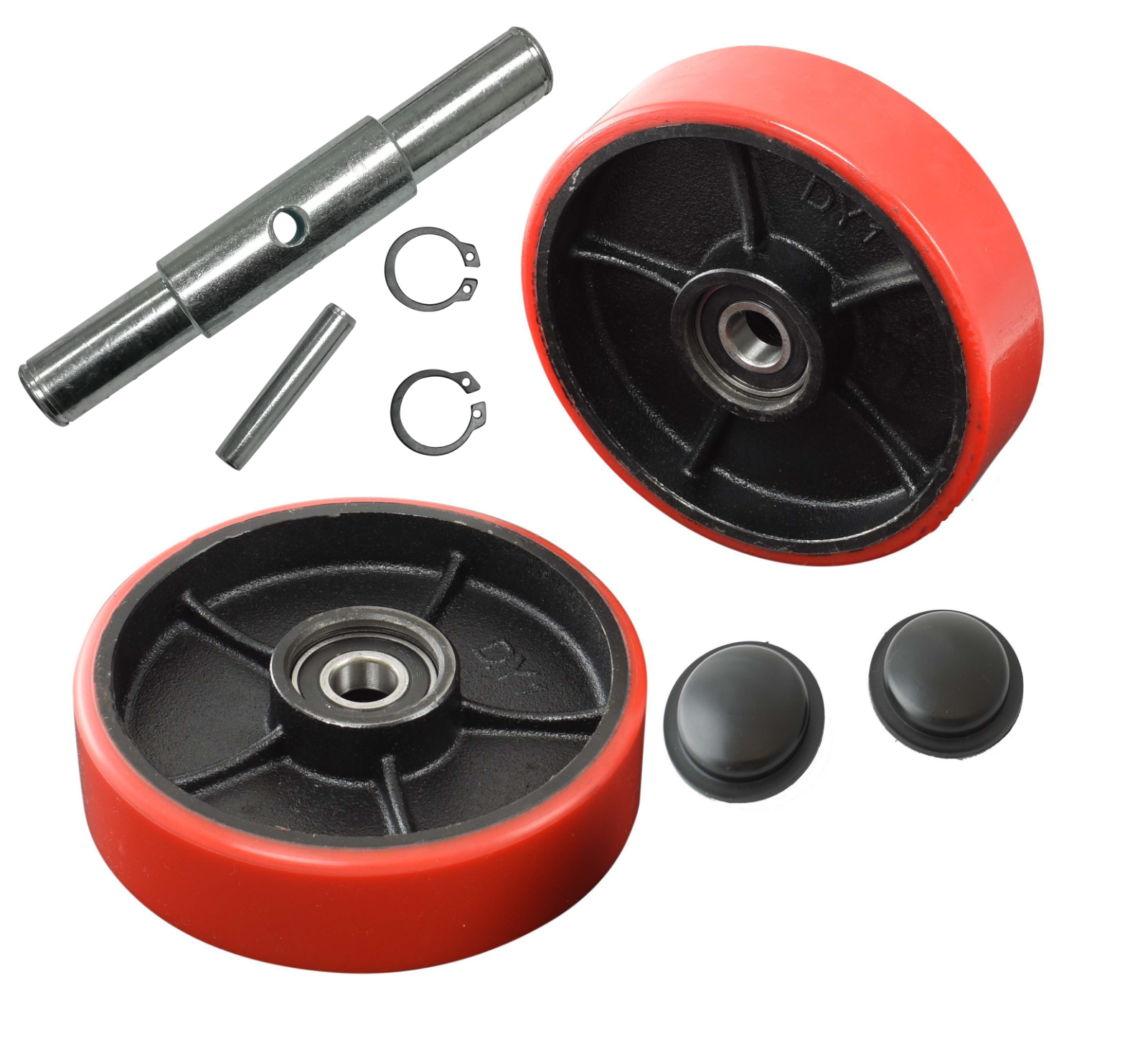 Pallet Jack/Truck Poly Wheels Full Set with Axles, Bearings, Entry Rollers, Caps