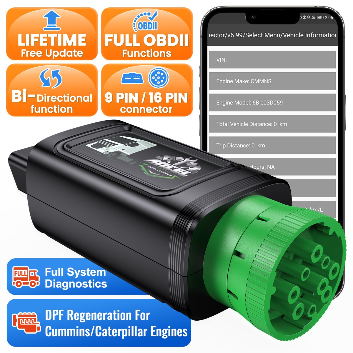 ANCEL HD100 Bluetooth Heavy Duty Truck Scanner OBD DPF Regen Cummins Caterpillar