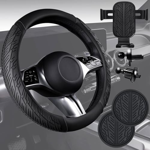Leather Rubber Steering Wheel Covers Set,Heavy Duty Standard[14.5"-15"] Black