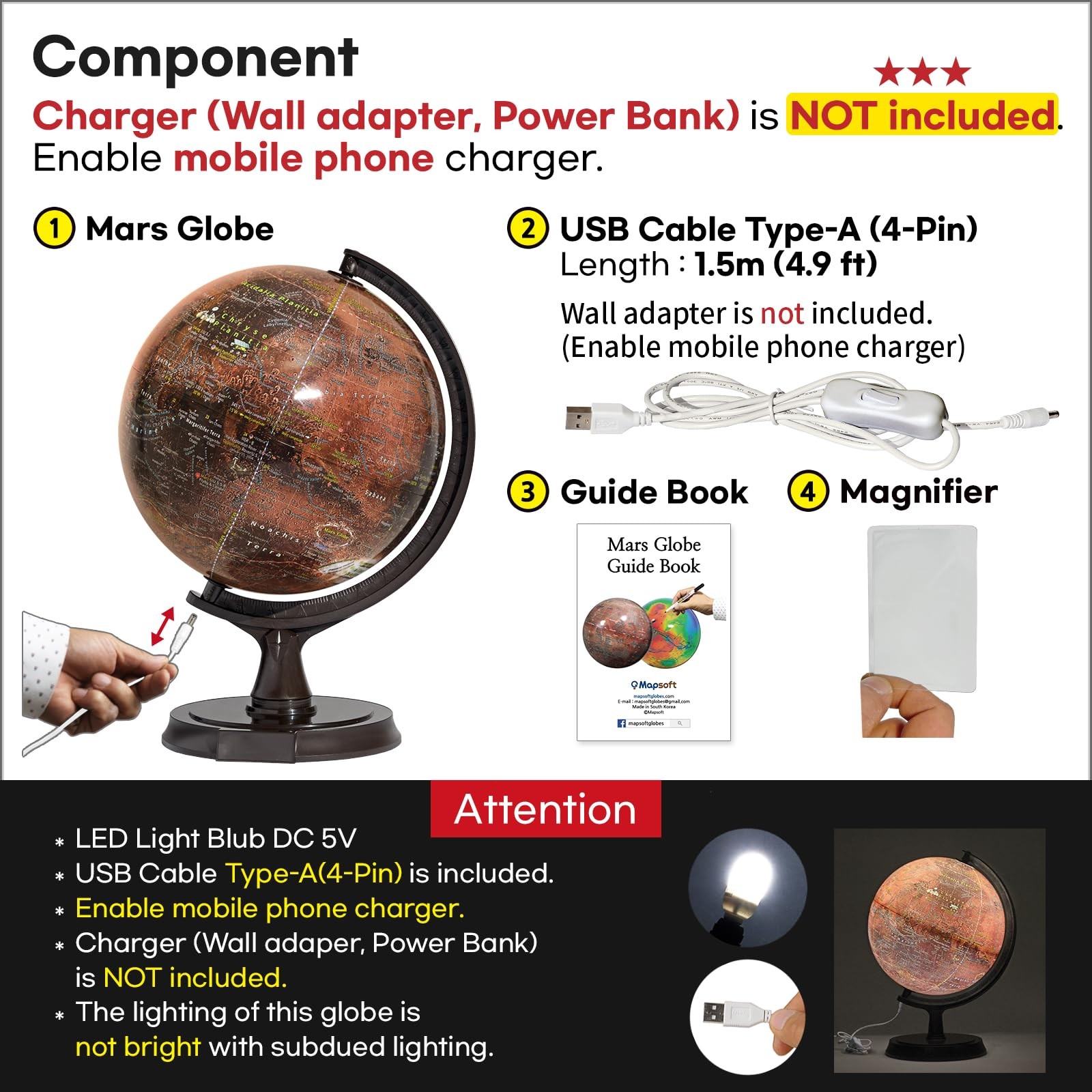 Mapsoft Explorer Illuminated Red Mars Globe, 24cm/9.5", RI-24, Mars Map, Mars...