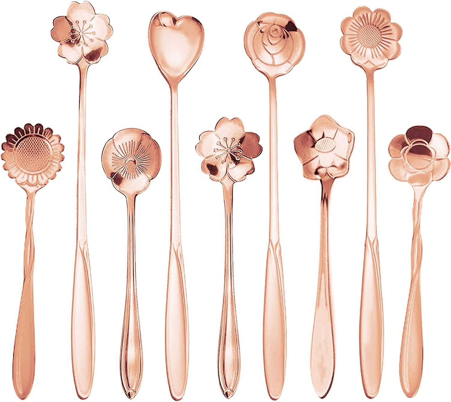 9 Pcs Flower Spoon Coffee Teaspoon,  Stainless Steel Tea Spoon (Rose Gold)