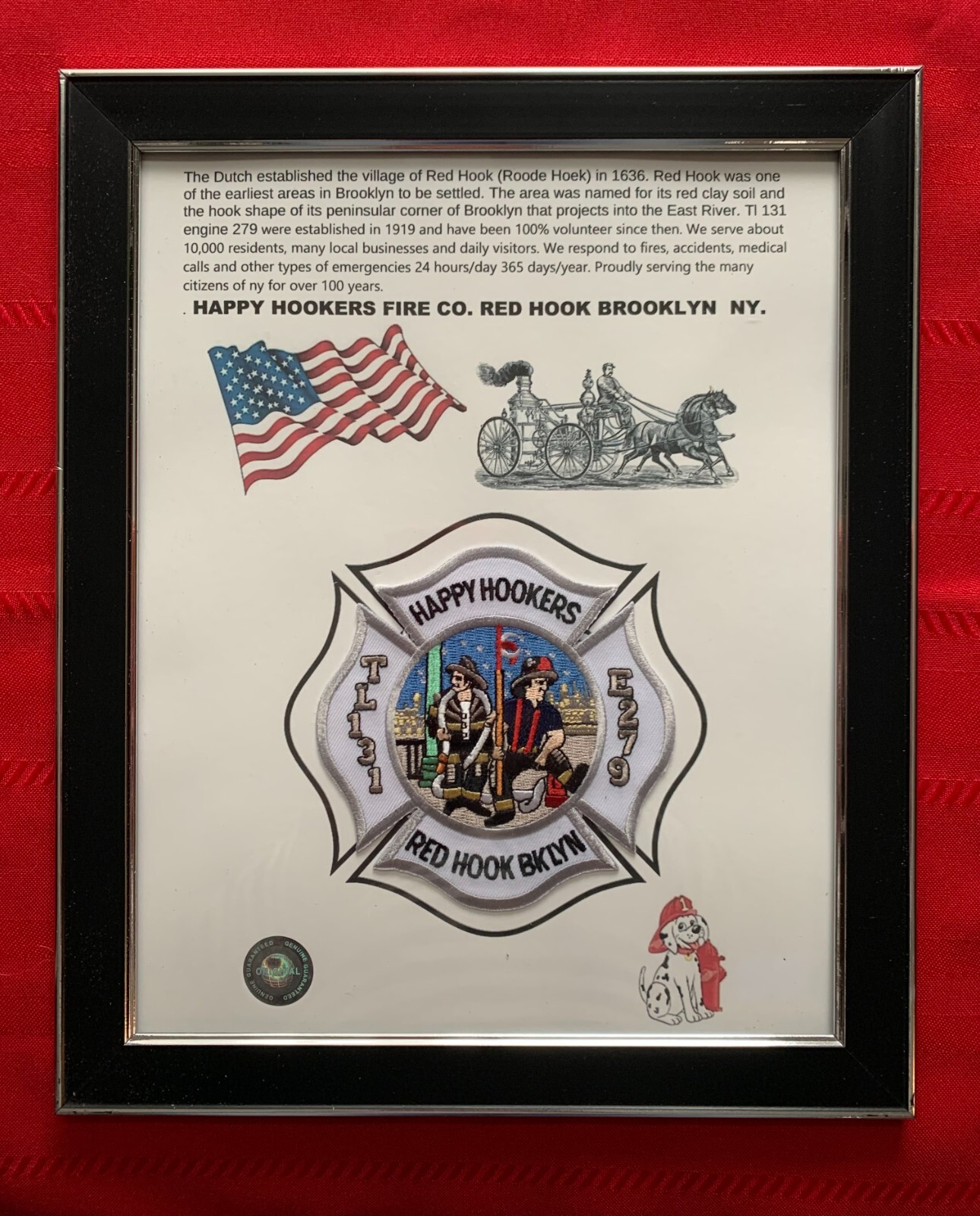 HAPPY HOOKERS FIRE COMPANY ORIGINAL PATCH FRAMED ONE OF A KIND GEORGIOUS.