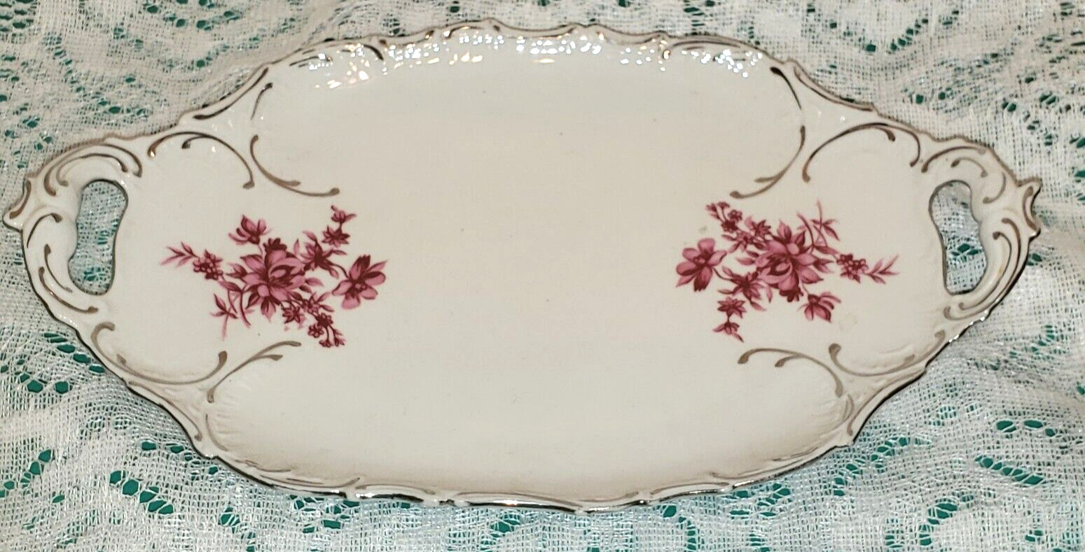 VTG HAND PAINTED  CZECHOSLOVAKIA  PINK FLORAL PLATINUM ACCENT DRESSER TRAY 10"