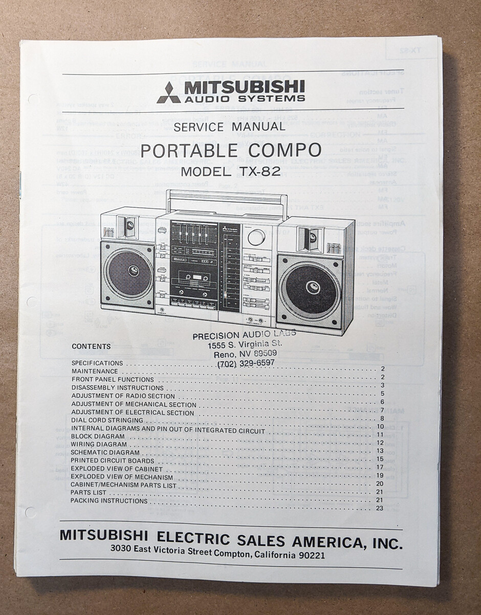 Mitsubishi TX-82 Portable Stereo Service Manual *Original*