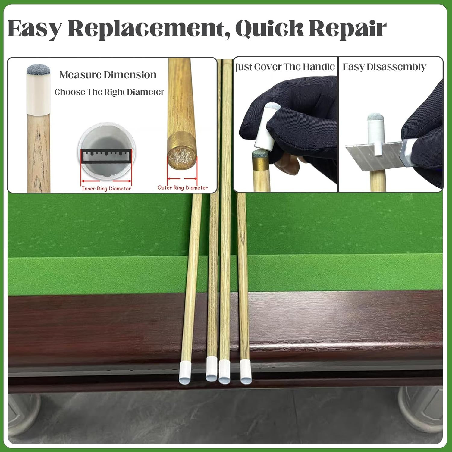 20Pcs Slip on Pool Cue Tips, 4 Sizes Pool Queue Stick Tips Replacement Kit, B...