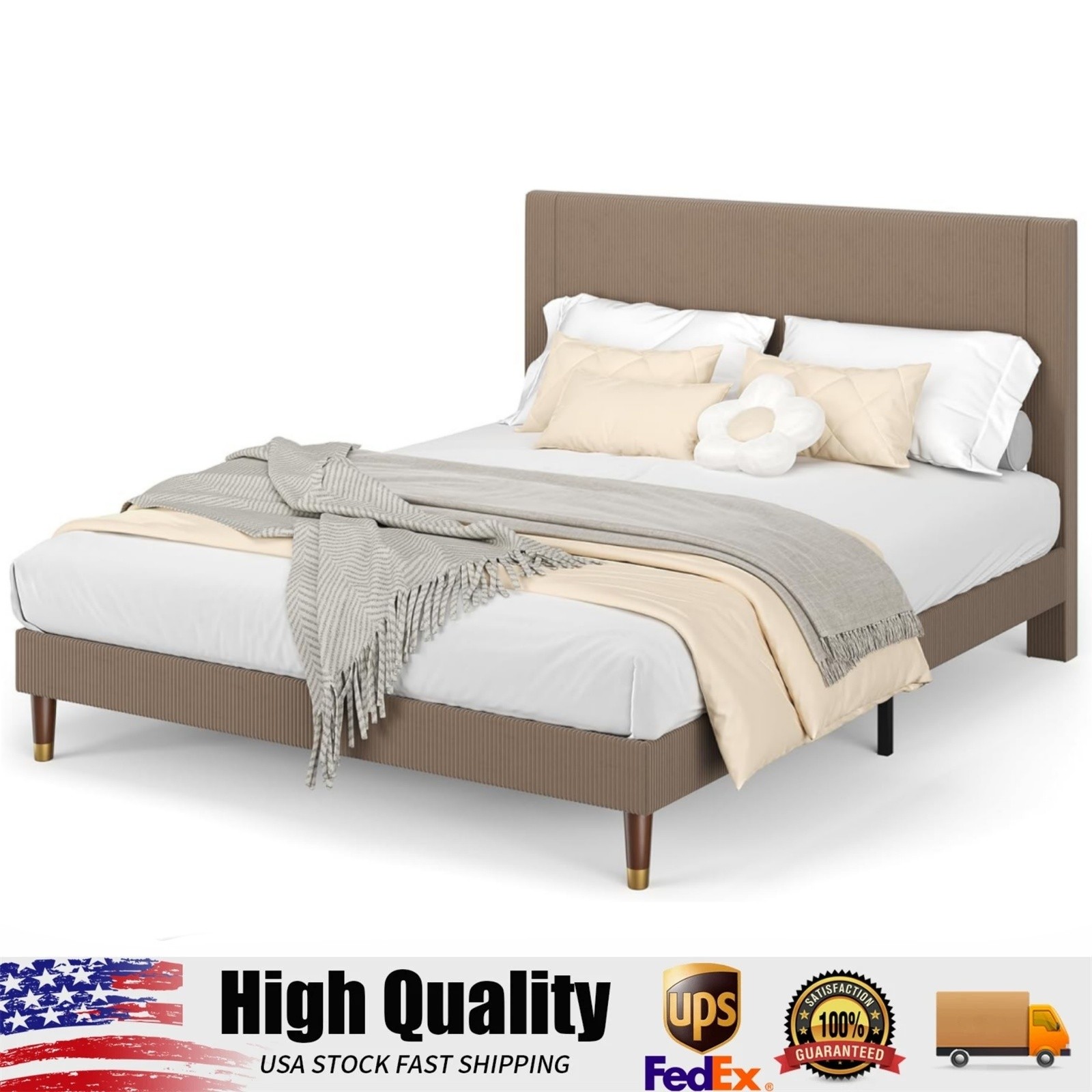Queen Size Upholstered Bed Frame,Brown Platform Bed with Modern Fabric Headboard