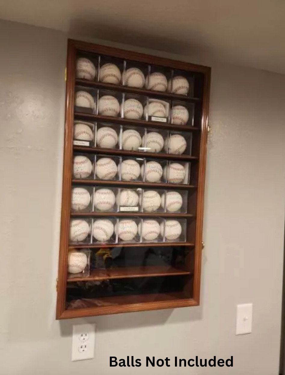 40 Baseball Display Case Wood MLB Autograph Ball Box Rack Wall Cabinet Holder