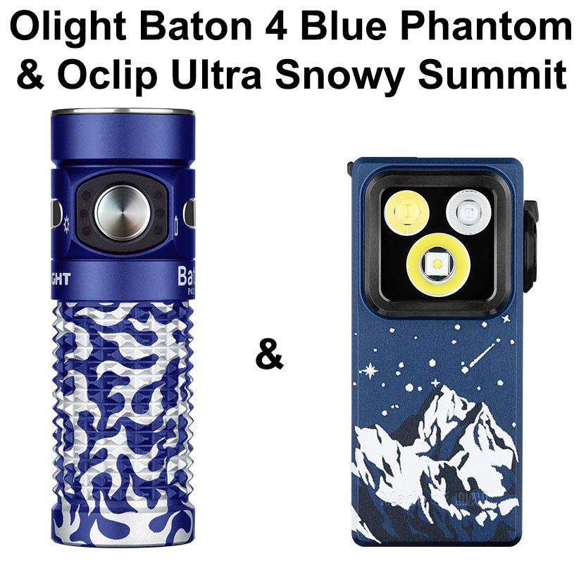 Olight Baton 4 Blue Phantom Flashlight & Oclip Ultra Snowy Summit Clip-On Light