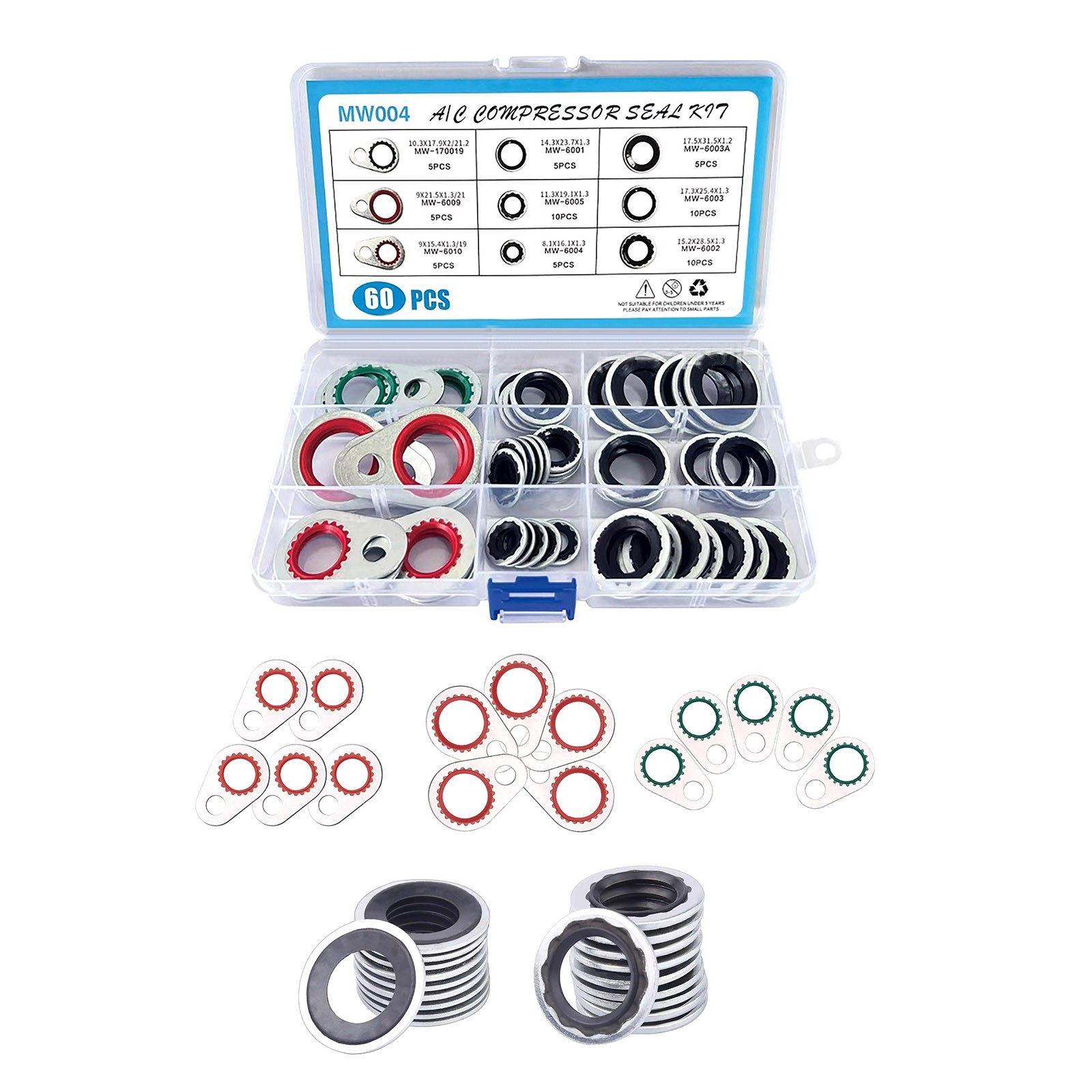 60Pcs 9 Sizes A/C Air Conditioning System Compressor Gasket Seals Washers Kits
