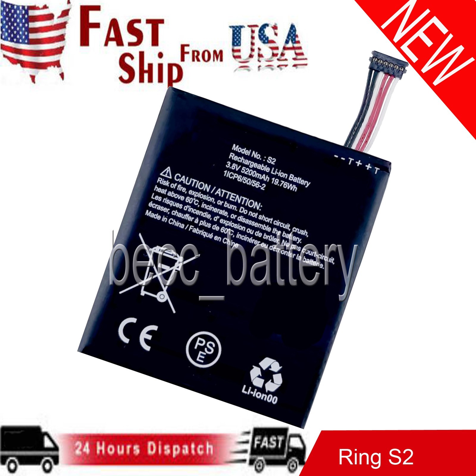 New Battery for Ring Video Doorbell 2nd Gen (6 cable Only) S2 (6 pins) 5200mAh
