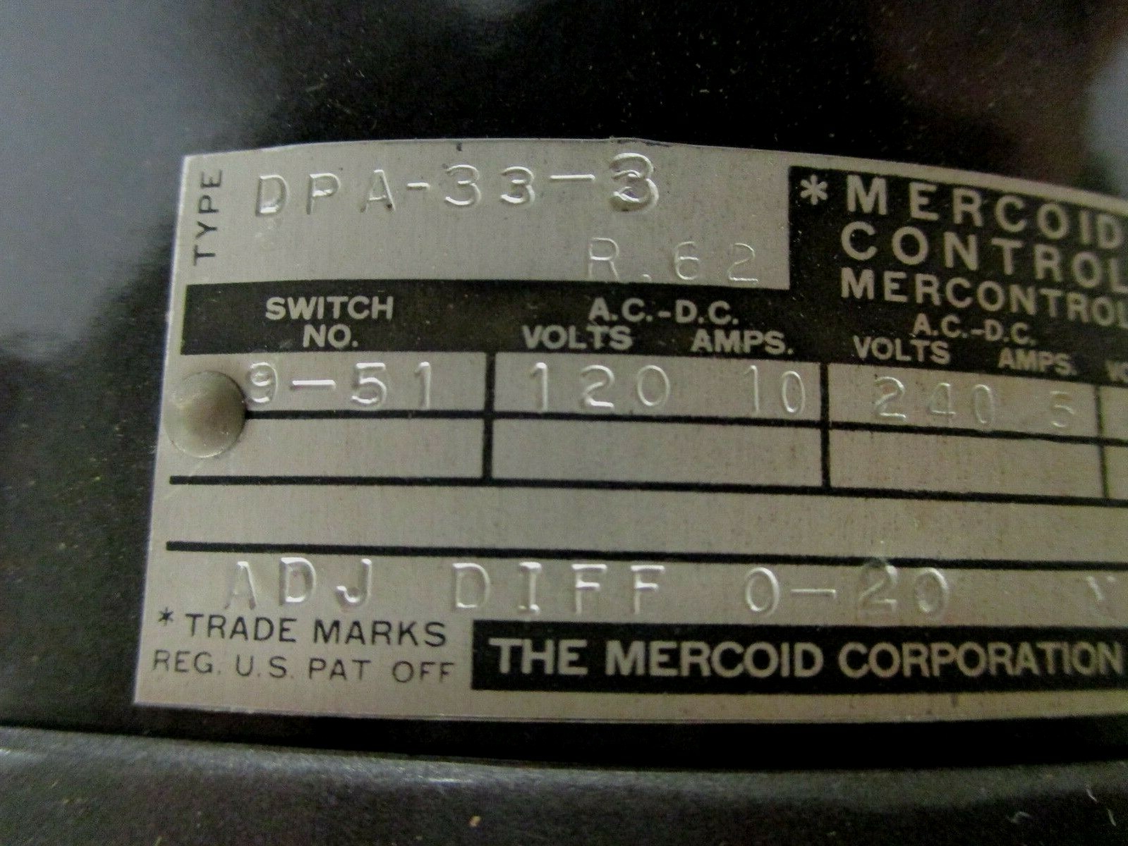 MERCOID CONTROL PRESSURE SWITCH, DPA-33-3