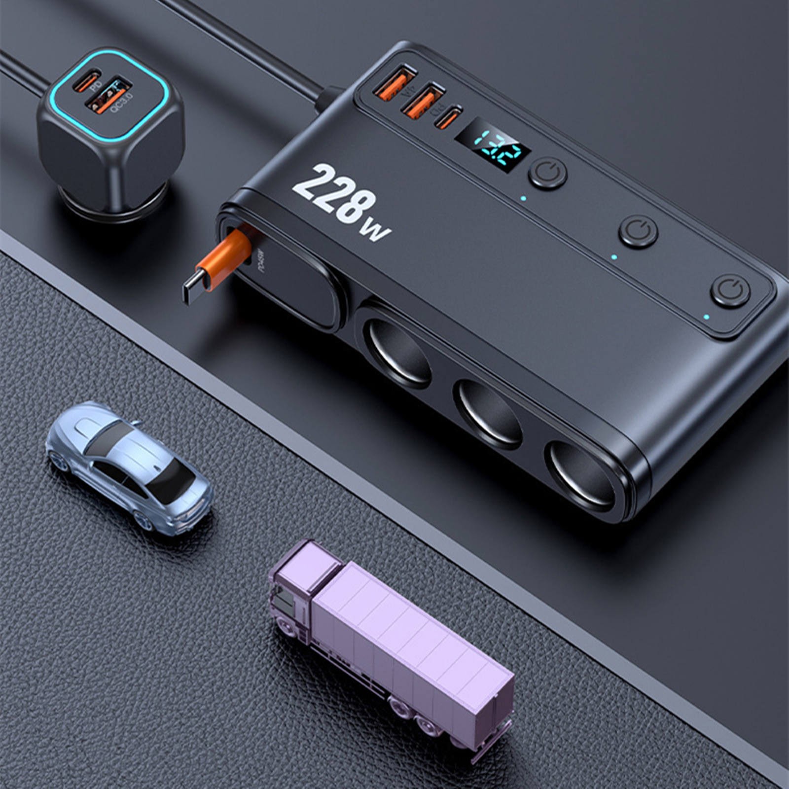 For Truck 9-in-1 Cigarette Lighter Charger 3 Sockets 6 USB Ports 228W Display
