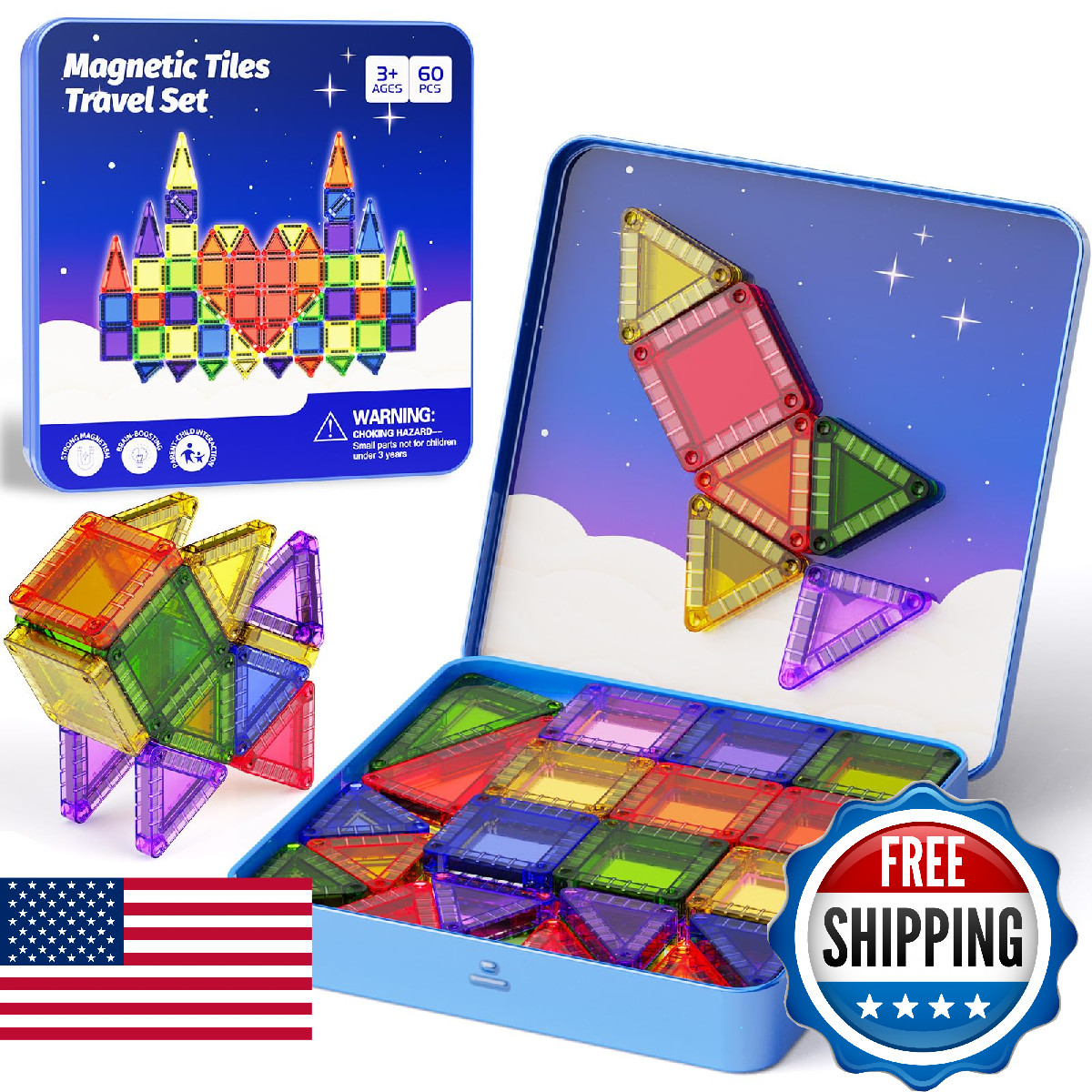 Mini Magnetic Tiles Travel Kit for Kids Ages 3-8, 60pcs Portable Magnetic Buildi