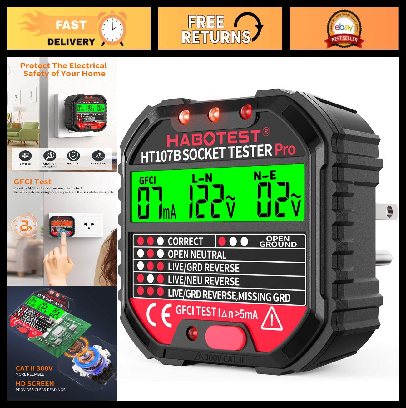 GFCI Outlet Tester with LCD Display, Voltage & Polarity Detector, 90-250V Plug T