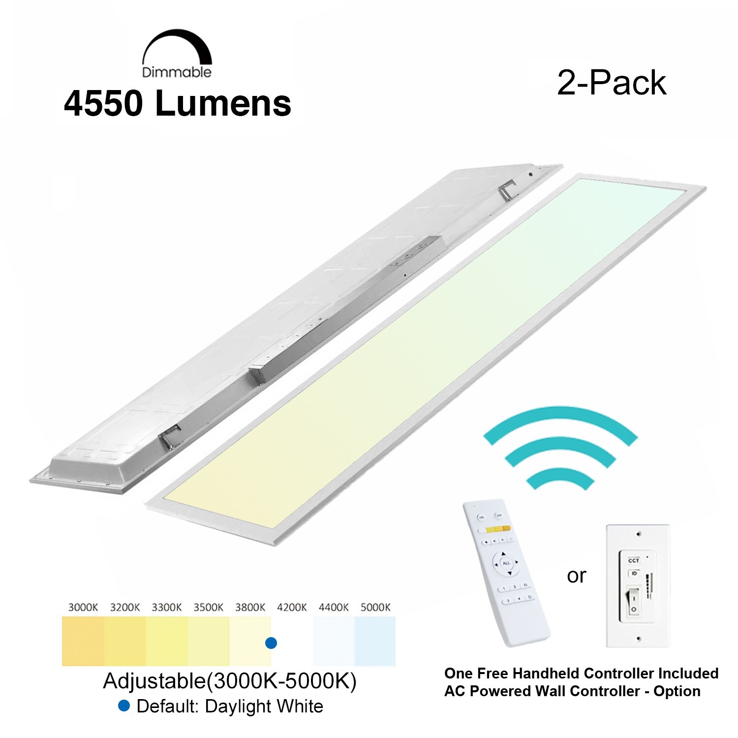 2 PK 1X4 LED Flat Panel Light Remote Control 3000k-5000k Dimmable Office Troffer
