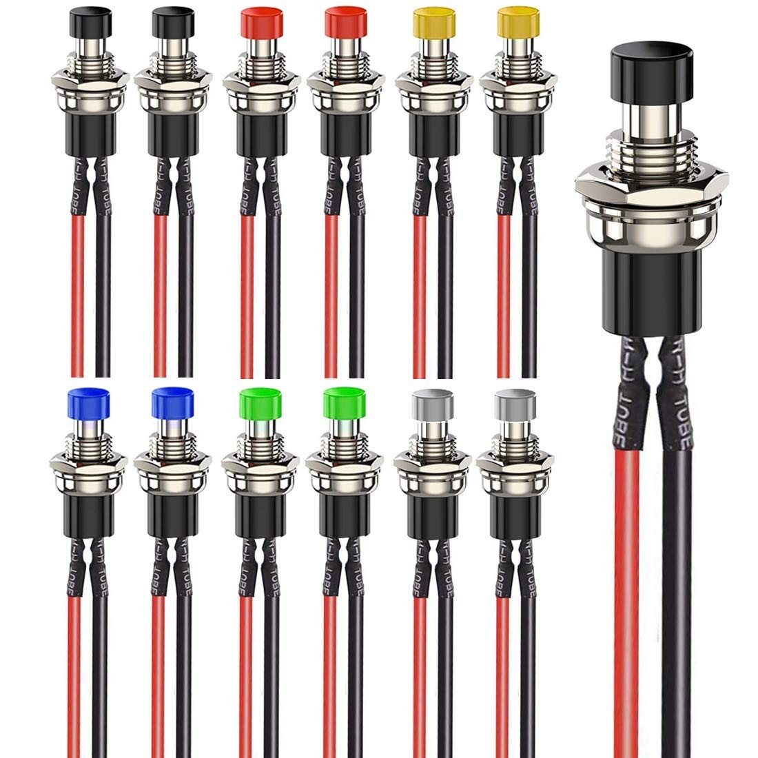 "12 botones pulsadores momentáneos mini precableados de 7 mm, 3-6-12-24-230V/1A