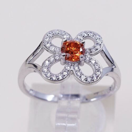 Size 9.5, Vintage Sterling 925 Silver Handmade Flower Ring W/ Yellow N Clear Cz