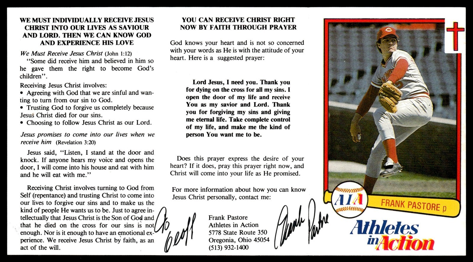 Frank Pastore Reds Baseball Signed Christian Tract Auto *TT85
