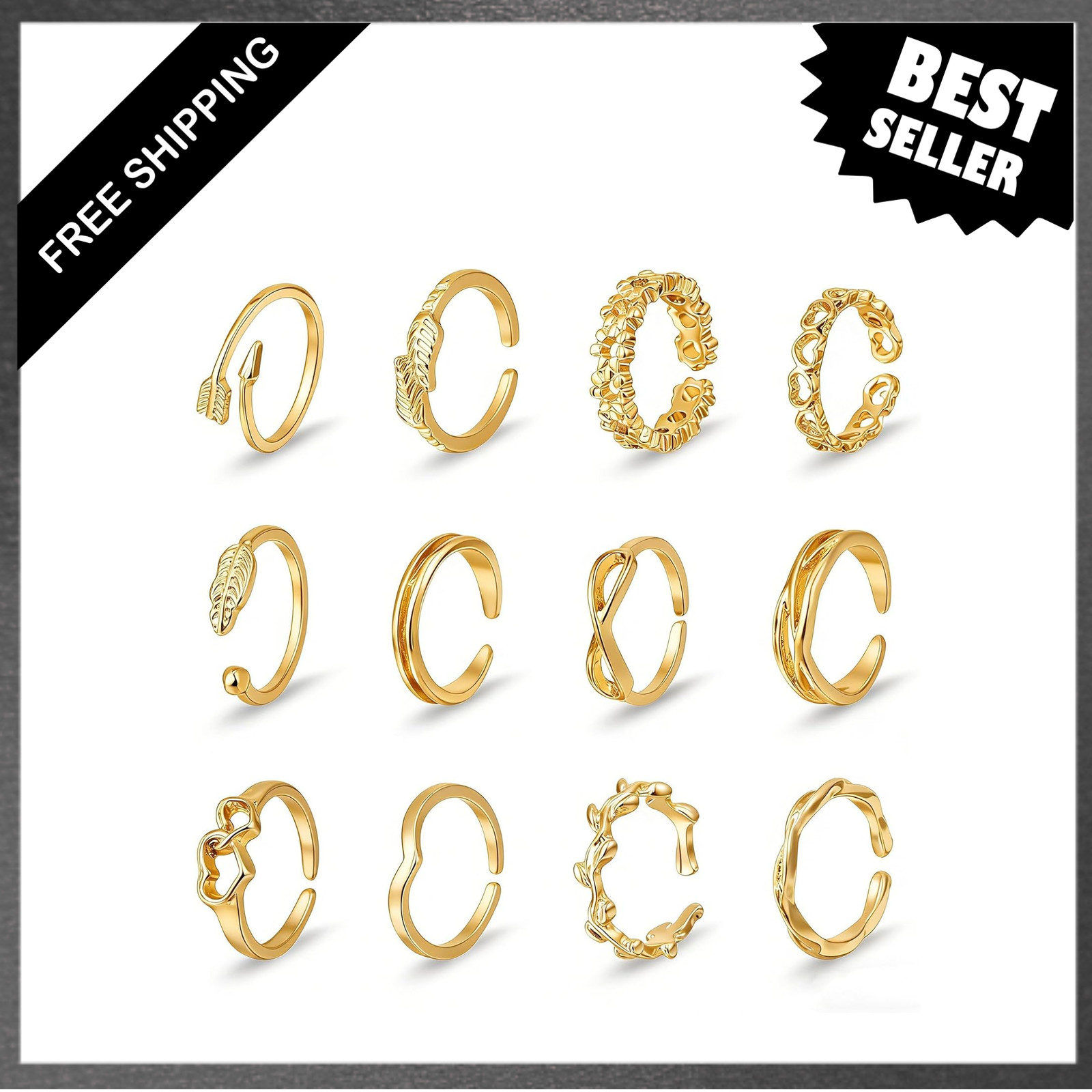 12PCS Toe Rings for Women Silver Adjustable Open Flower Beach Jewelry Copper Set