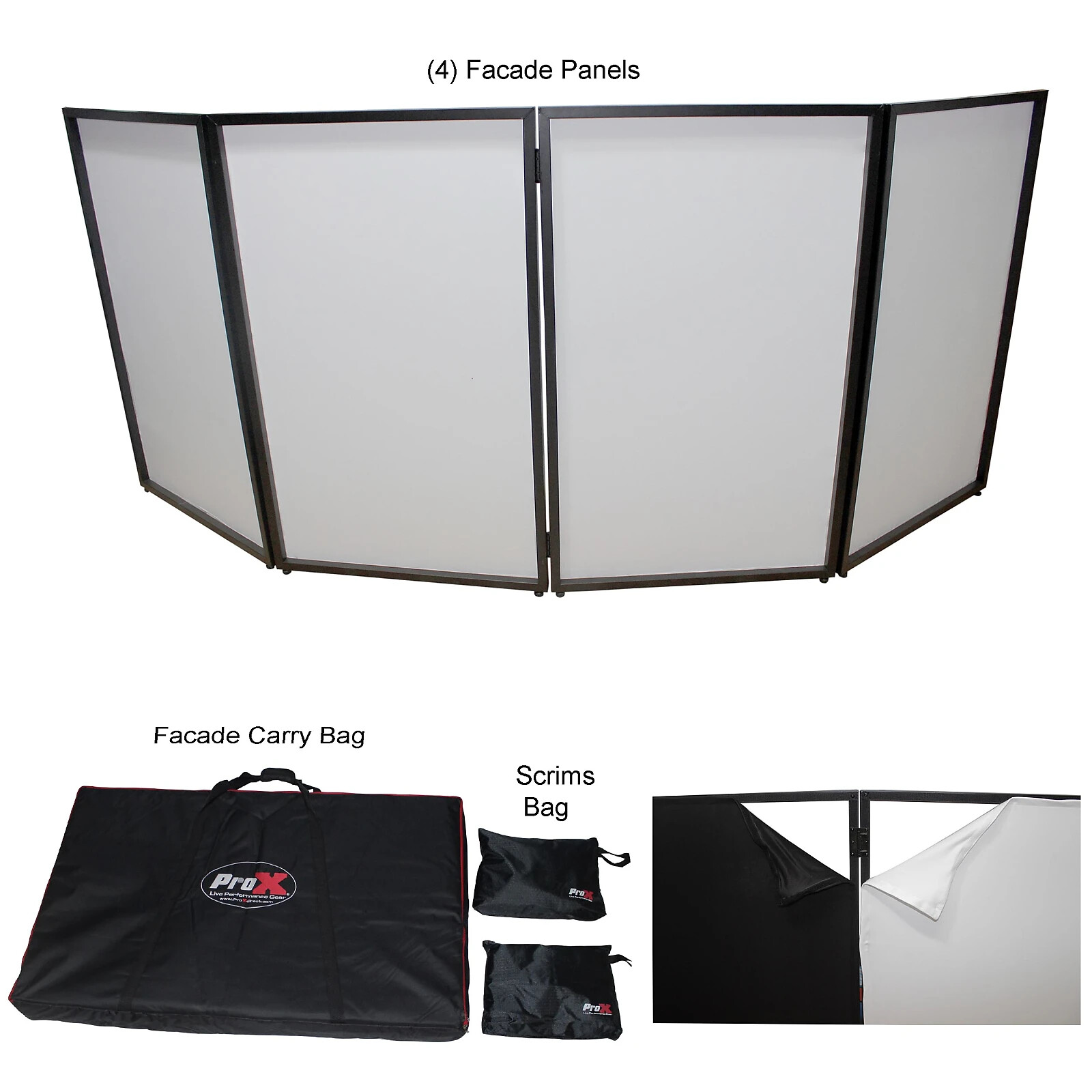 ProX Black Frame Aluminum DJ Facade w/White & Black Scrims Package + Carry Bag