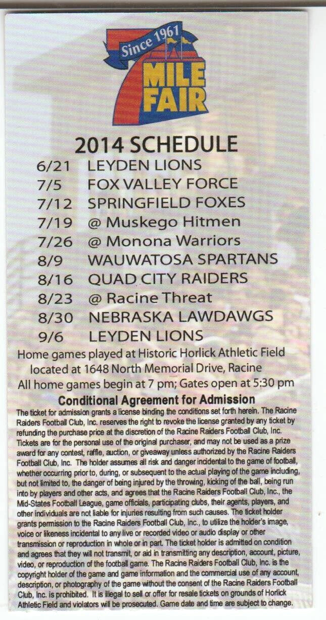 2014 Midstates Football League RACINE RAIDERS Ticket Stub