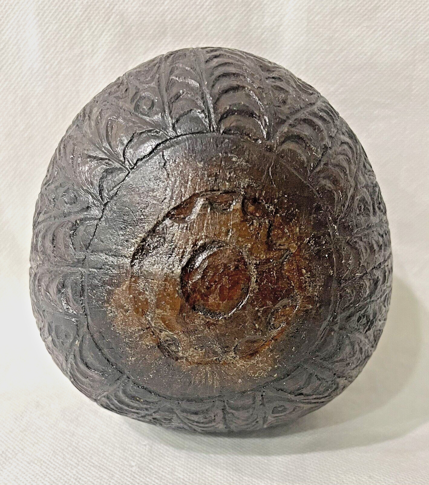 Antique Hand Carved Bugbear Coconut Shell powder flask