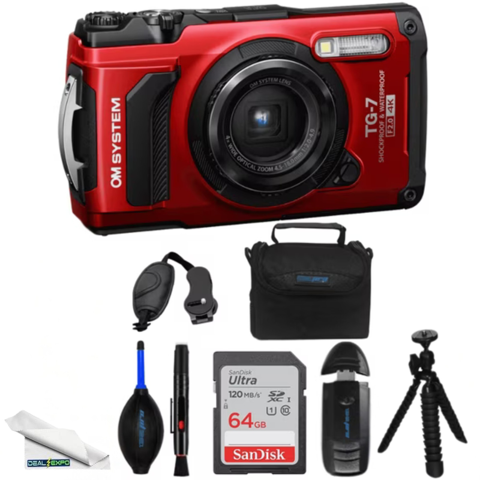 OM SYSTEM Tough TG-7 Digital Camera (Red) - DealExpo Deluxe Bundle