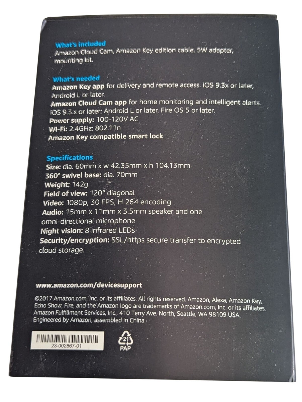 Amazon Cloud Cam Indoor Security Camera works with Alexa White 841667127033