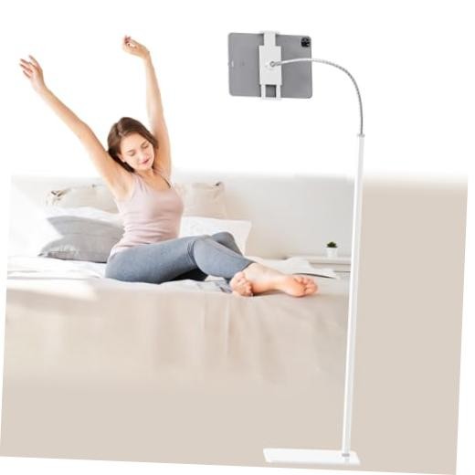 Tablet Floor Stand Holder with Flexible Gooseneck and Stable Base, WHITE