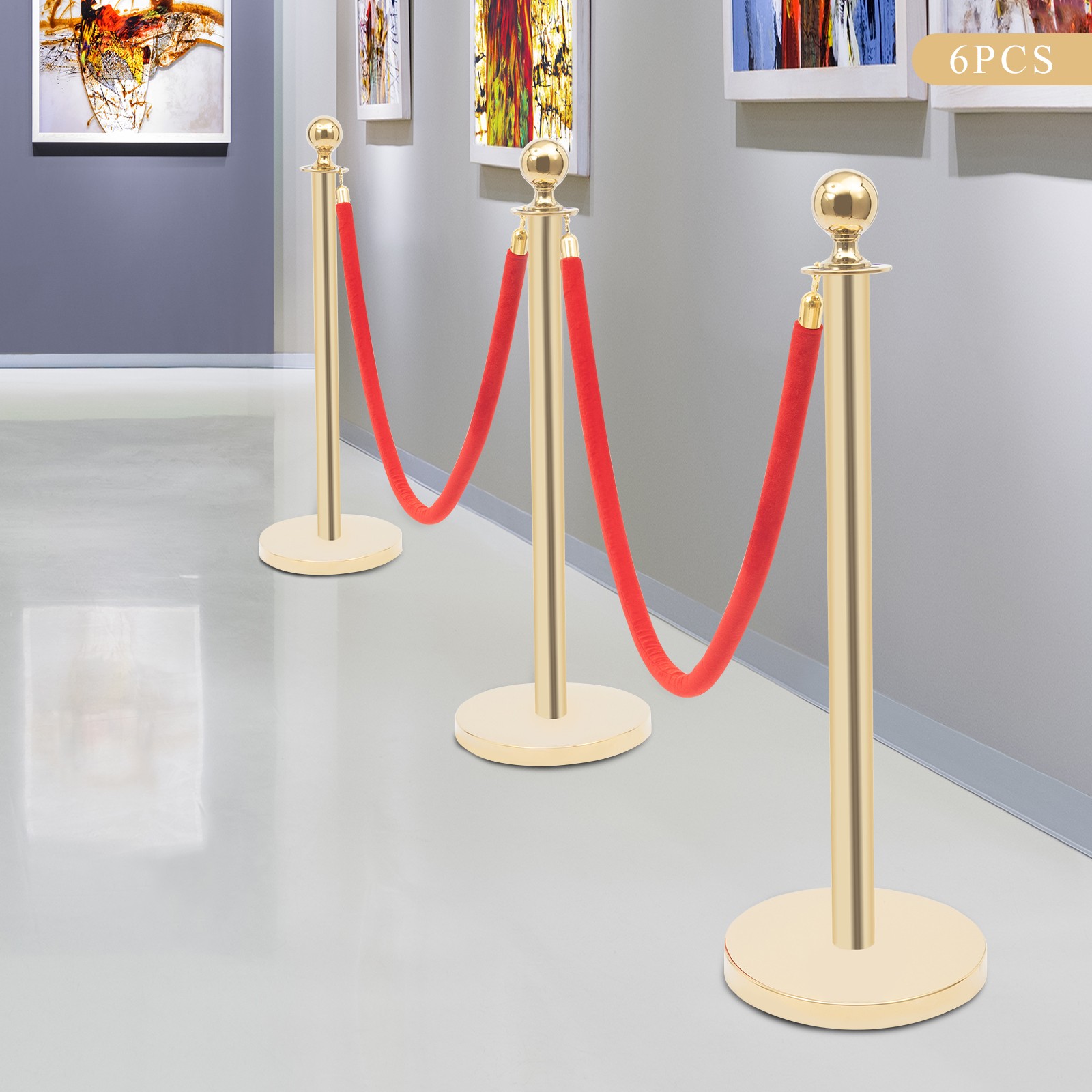 6 Pcs Red Velvet Rope +Gold Stanchion Post Set Crowd Control Queue Pole Barrier