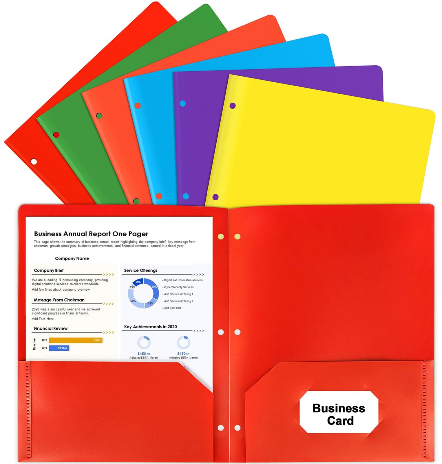 HABGP Colored Folders with Pockets 3 Red, Blue, Green, Yellow, Purple, Orange
