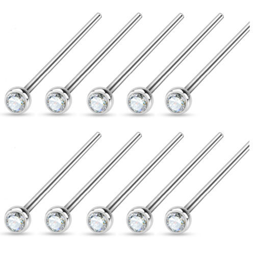 10 PC 20G 18G XL LONG 3/4" CLEAR CZ GEM BEND TO FIT FISHTAIL STEEL NOSE PIN RING
