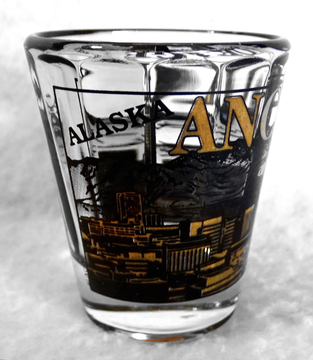 Anchorage Alaska Shot Glass Cityscape Gold Detail Shooter 2-3/8" Faceted Jigger