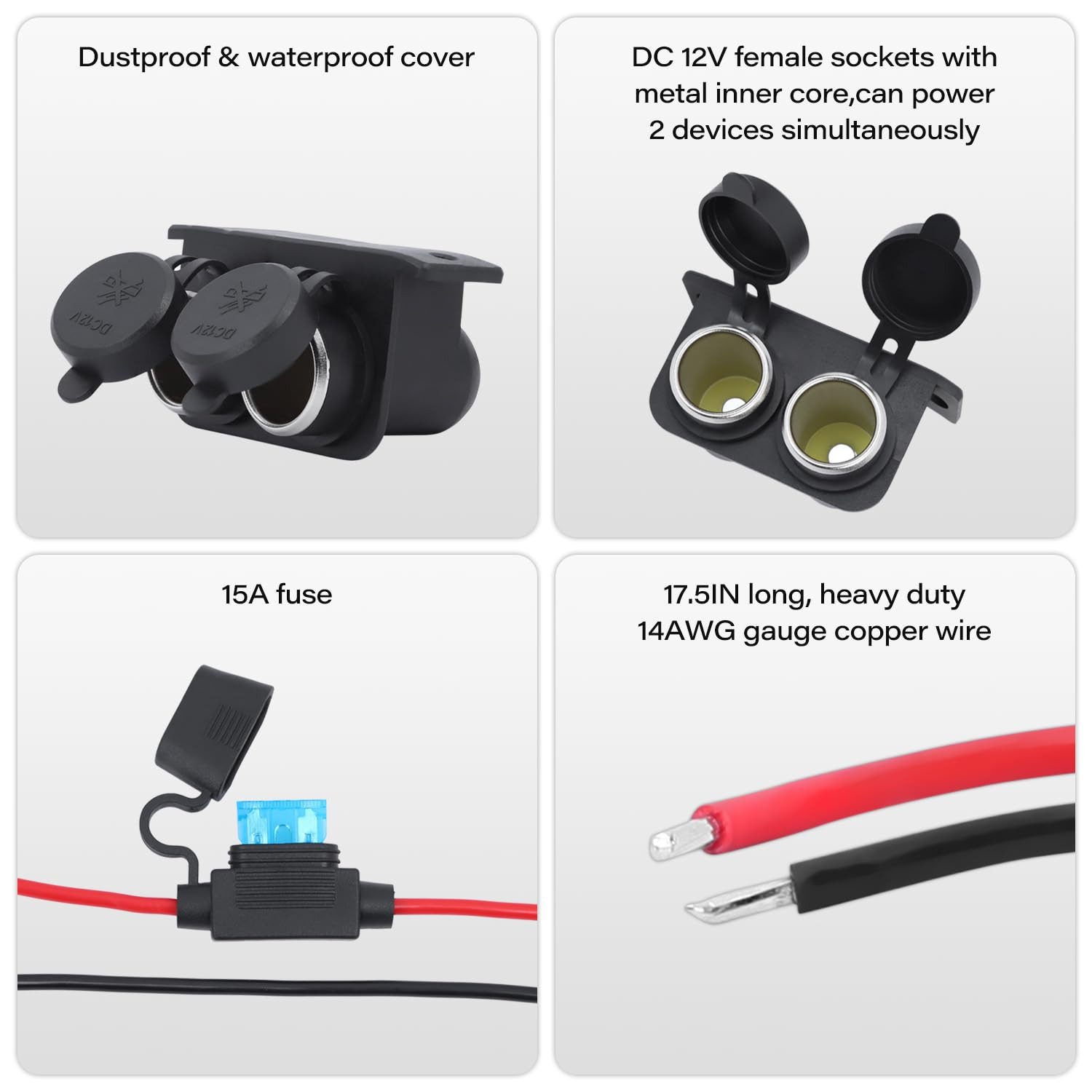 DC 12V Cigarette Lighter Socket with Blade Fuse 15A, 2 Socket Cigarette Lighter