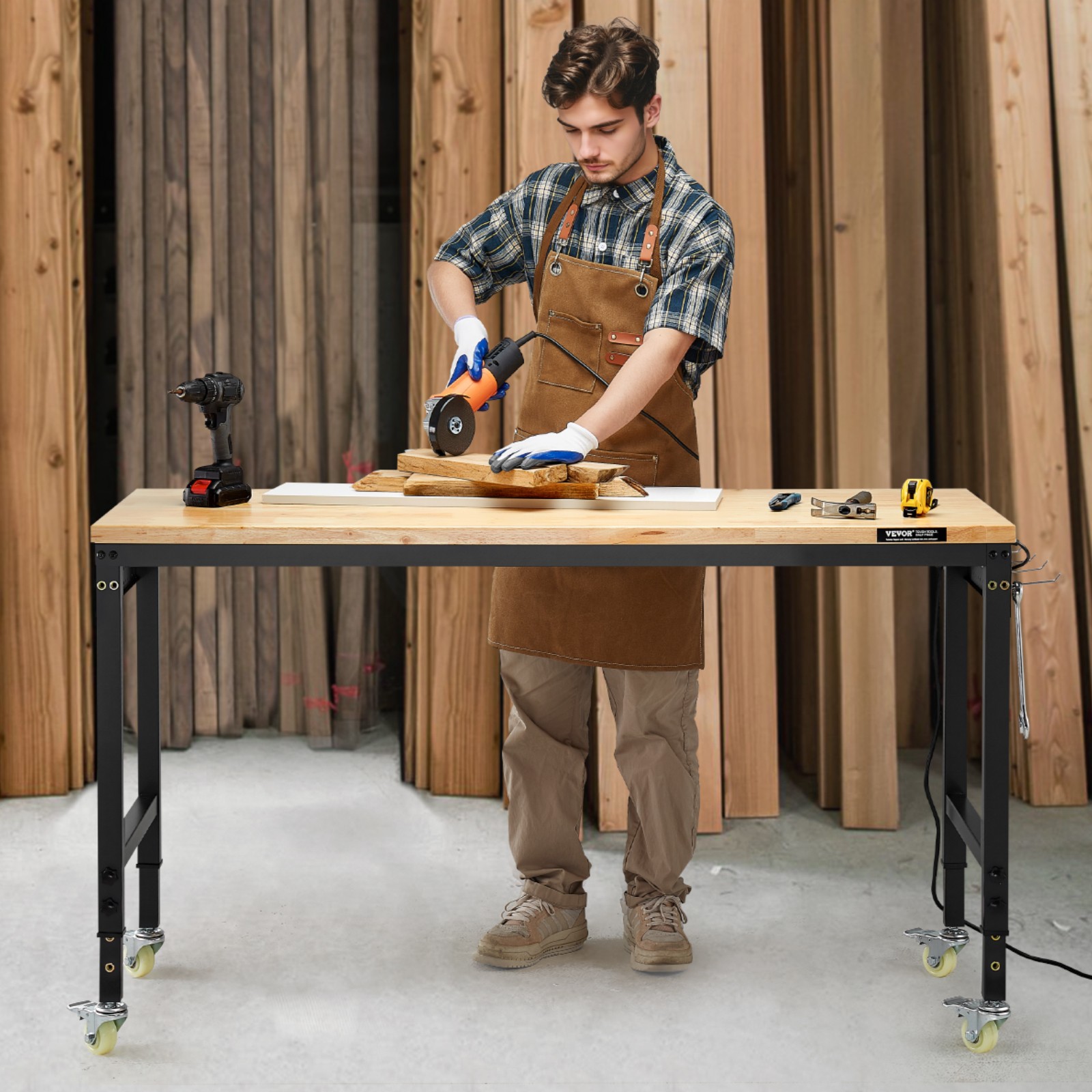 VEVOR 60"Workbench on Wheels Adjustable Height Table with Power Outlet &Pegboard
