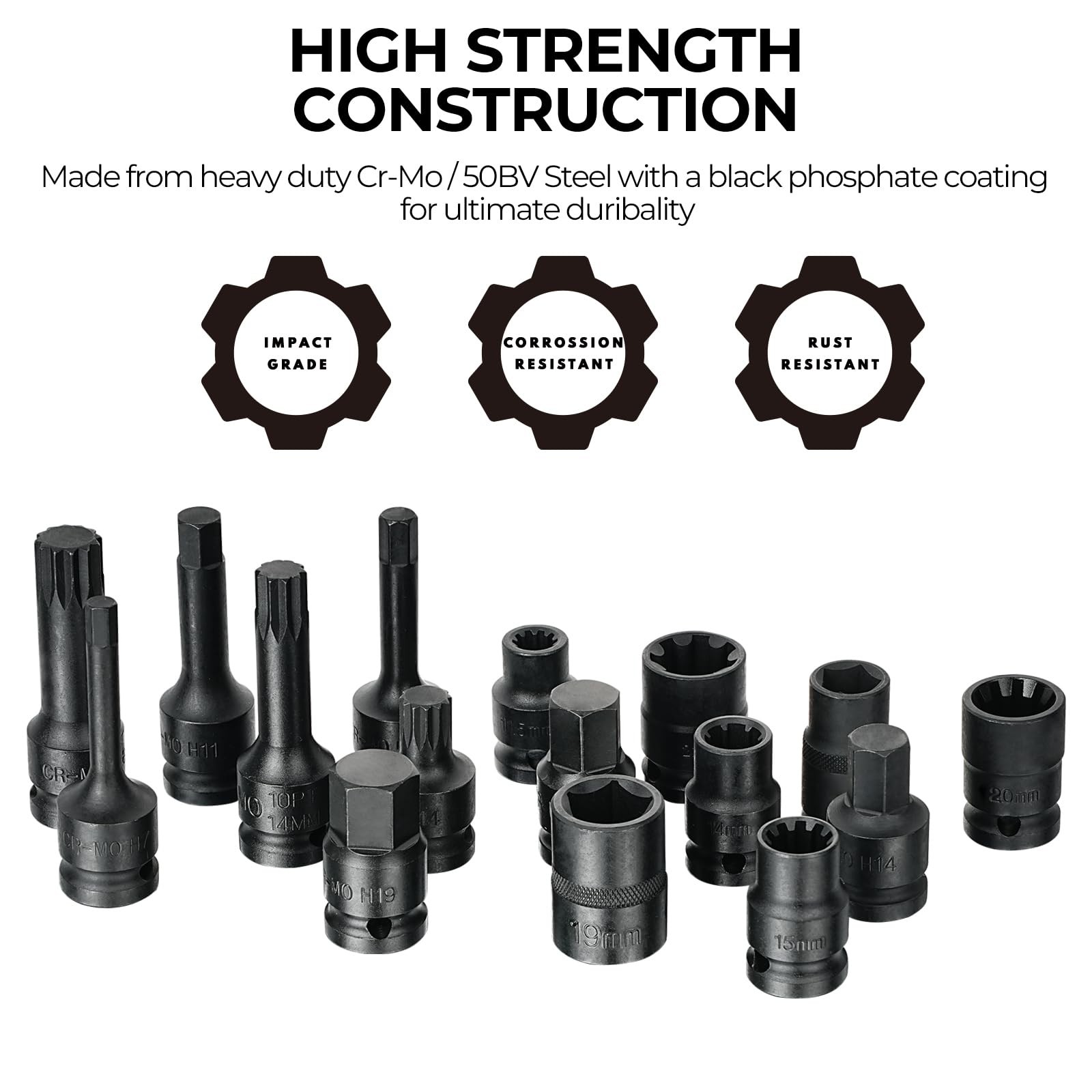 BILITOOLS 16 PCS Impact Brake Caliper Socket Set, 1/2" One Size, Black