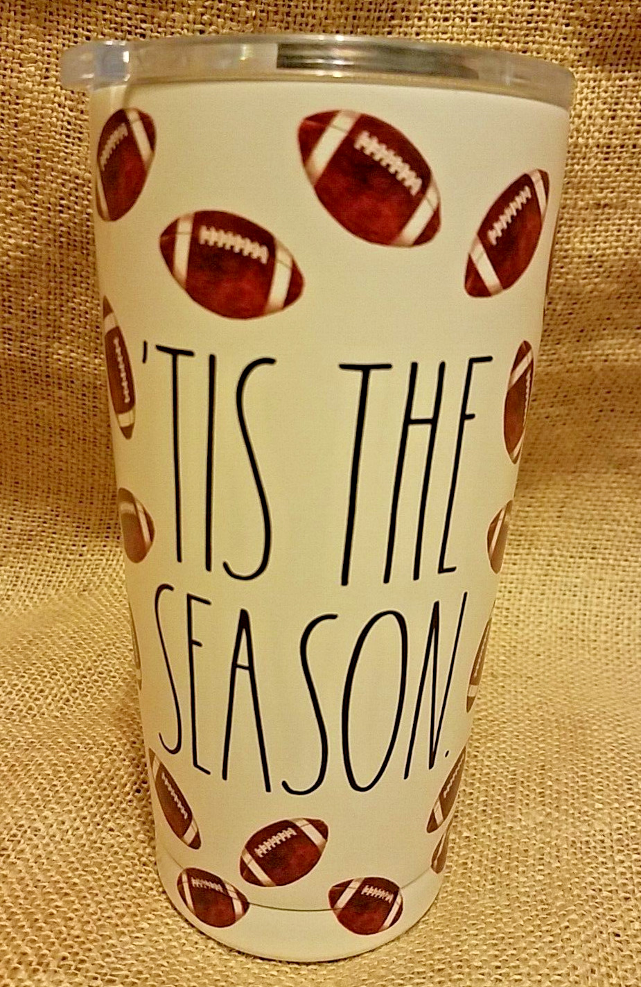 Rae Dunn Insulated Stainless Steel Travel Cup Footballs 'Tis The Season' NWOT