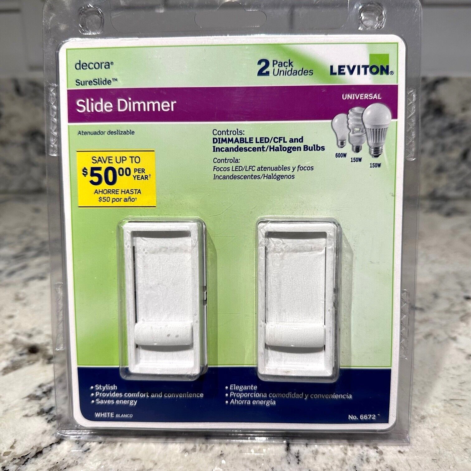 LEVITON Decora SureSlide Universal Single-Pole Slide Dimmer 6672 White 2-Pack