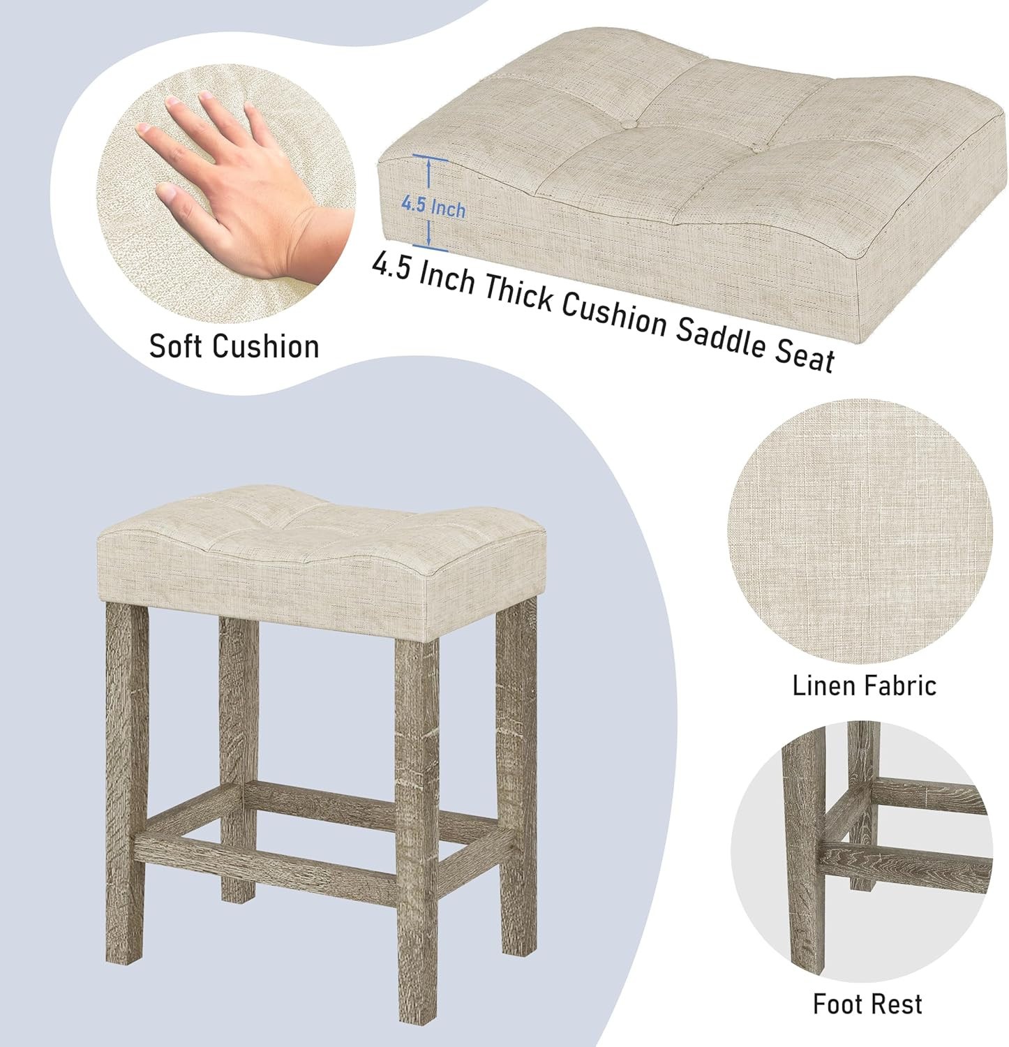 3-Piece Counter Height Bar Table Set with Socket and 2 Fabric Padded Bar Stools,