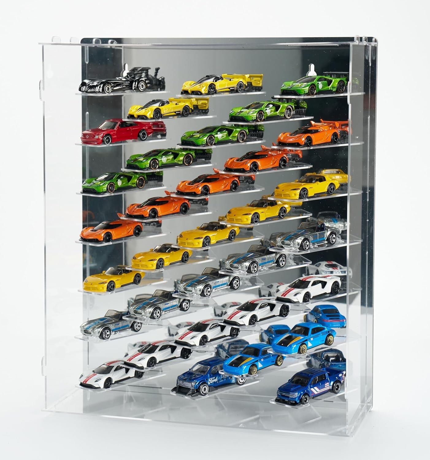 Car Display Case 33 Pc Acrylic LED Light Mirrored Wheels Model 1/64 Diecast Rack