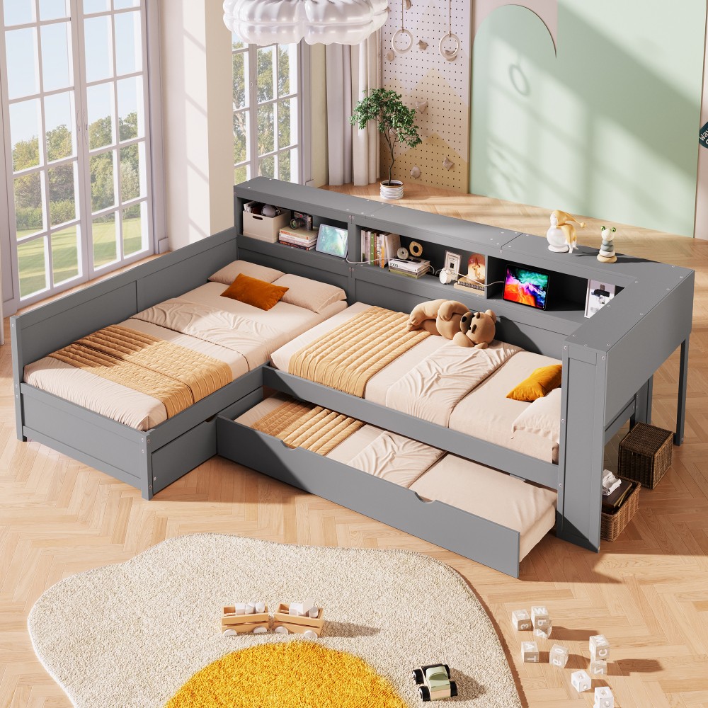 Twin L-Shaped Daybed with Trundle, 5 Shelves, Drawer, Grey Wood