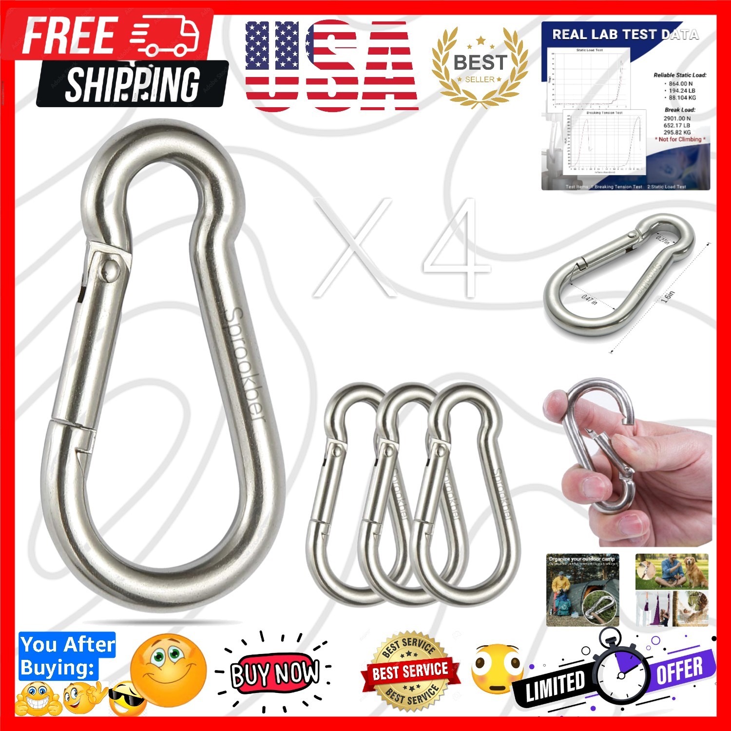 Stainless Steel Carabiner Spring Snap Hook - 304 Stainless Steel Heavy Duty C...